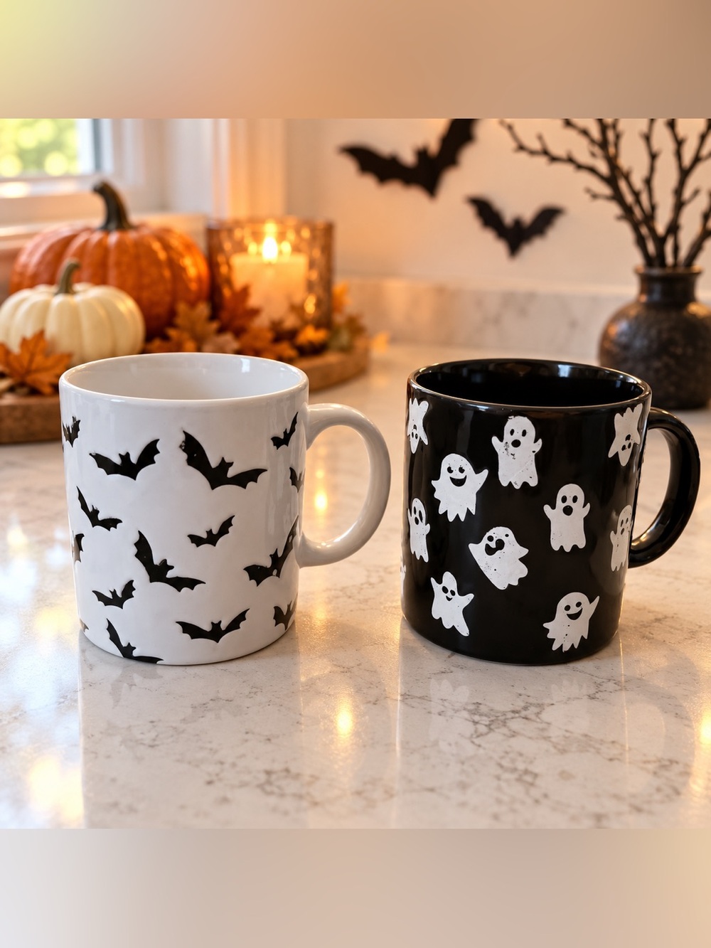 Royal Norfolk Halloween Mugs Set of 2 Embossed Ghost Bat Black White Ceramic